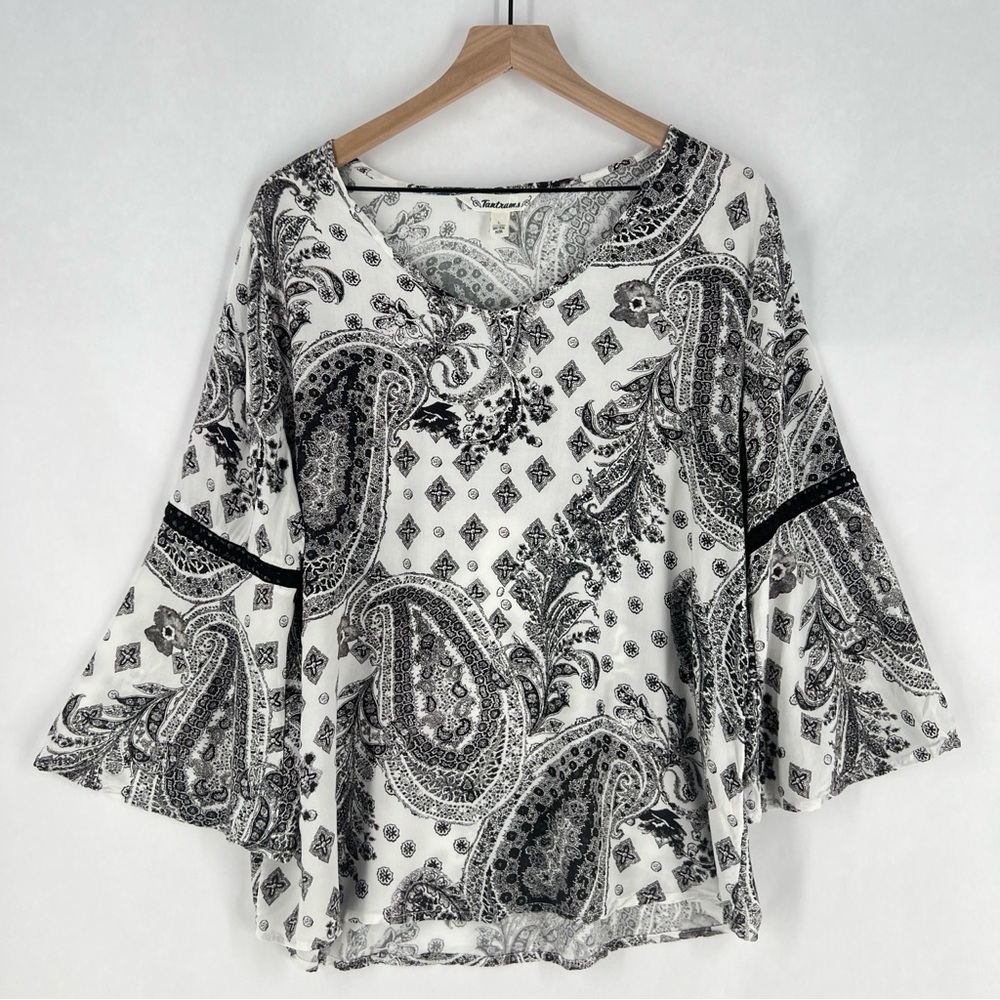 Tantrums Black & White Paisley Print Crochet Lace Trim Flare Sleeve Top Size L